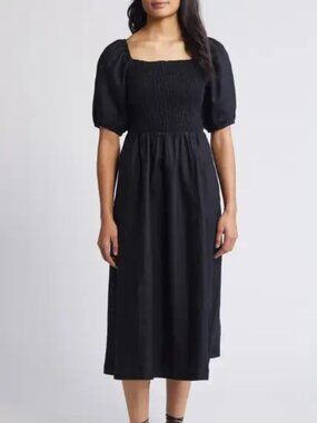Boden Sky Smocked Short Sleeve Linen Midi Dress, size 12, black, EUC